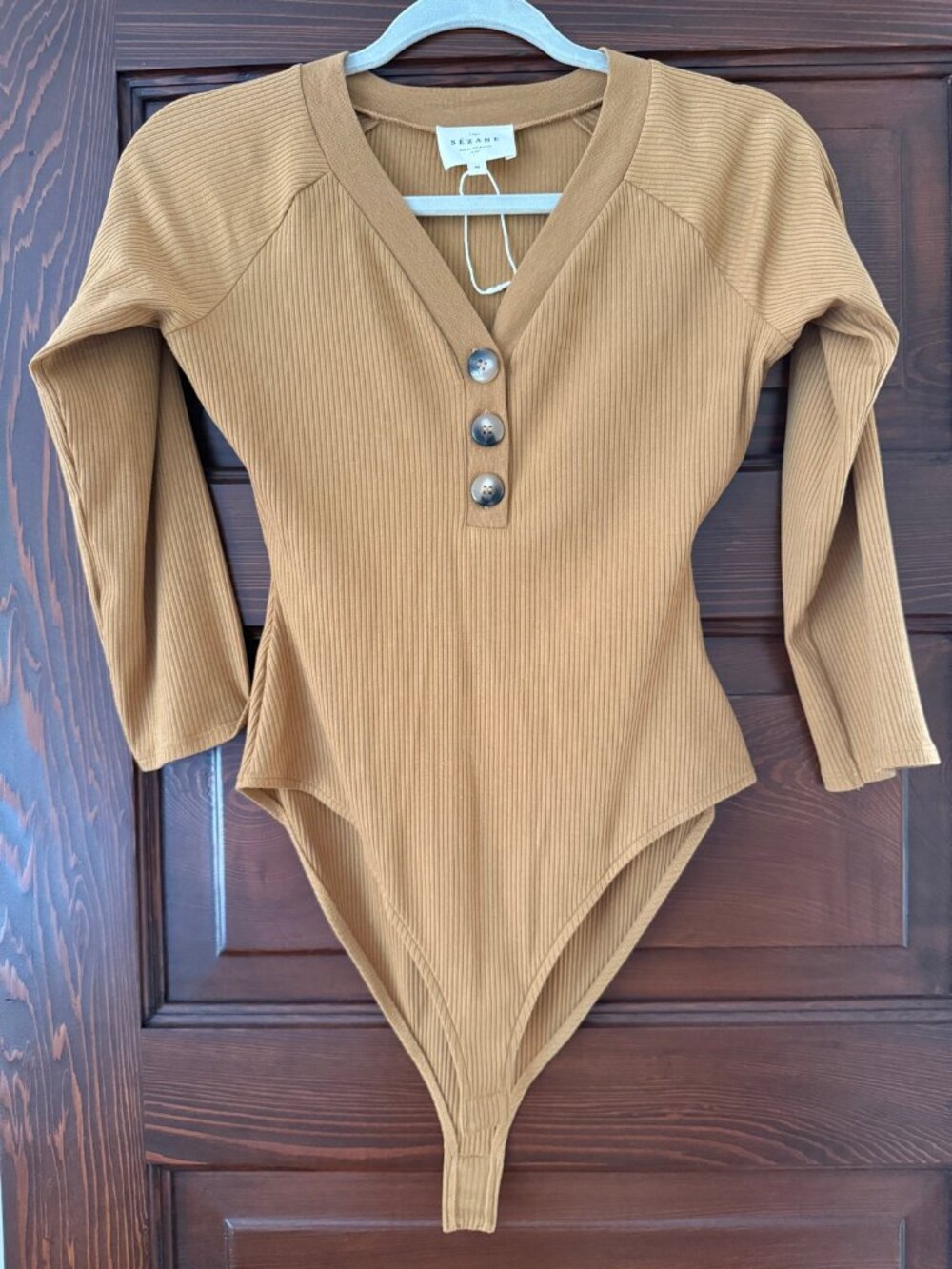 Sézane Ribbed Henley Bodysuit Camel Long Sleeve M NEW